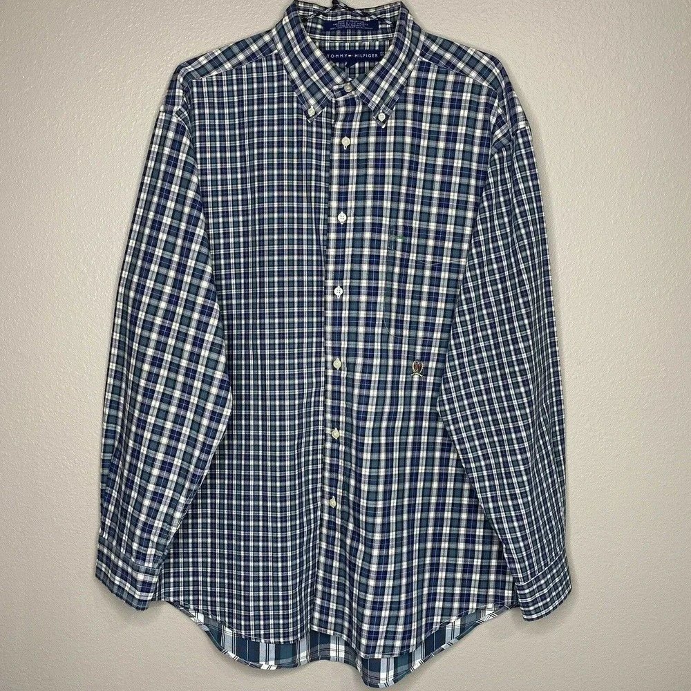 Vintage Tommy Hilfiger Men's Green Plaid Long Sleeve Button Down Shirt Sz L